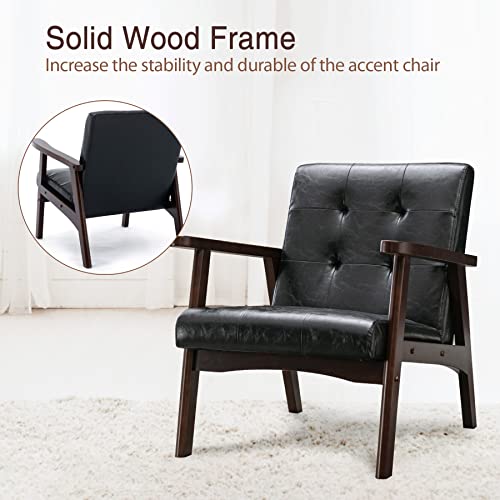 Bonzy Home Mid-Century Modern Accent Chair, Upholstered Faux Leather Armchair With Solid Wood Frame, Comfy Retro Leisure Chair Reading Chair For Living Room, Bedroom, Black #TOP4