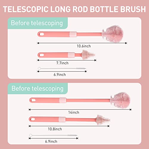 Baby Bottle Brush, Voowo Telescopic Silicone Bottle Brush For Cleaning With Long Handle, Water Bottle Cleaner Brush With Nipple & Straw Cleaner, Included Towel (Pink Telescopic Brush & Stand) #TOP1