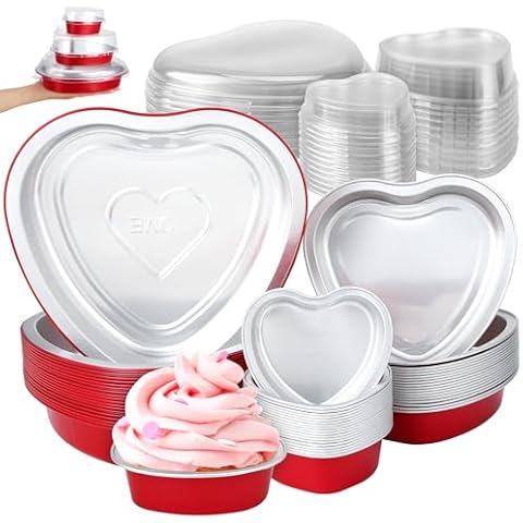 Ovveroche 65 Pcs Foil Heart Shaped Cake Pans for Baking, 23 oz 9 oz and 3.4oz Aluminum Cupcake Pans with Lids, Disposable Heart Baking Cups Pans for Valentine's Day Wedding Birthday Party Supplies Cover