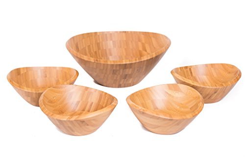BIRDROCK HOME Bamboo Salad Bowl Set | Set of 5 | Wooden Stackable Bowls for Salad, Pasta, Fruit | Kitchen Bowl Set