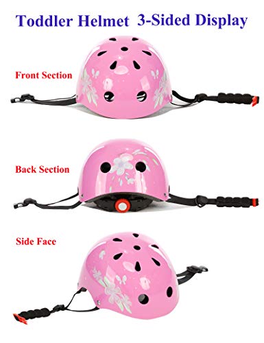 Lamsion Kids Helmet Adjustable Toddler Bike Helmet for Kids Ages 3-8 Years, Boys Girls Helmet with Protective Gear Knee Elbow Wrist Pads for Bicycle Skating Skateboard - CPSC Certified (Pink - Flower)