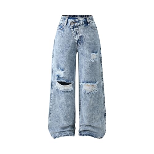 Ripped Jeans for Teen Girls Girls Cute Baggy Pants Wide Leg High Waisted Trousers Kids Y2k Streetwear with Pocket