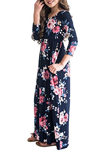 MITILLY Girls Flower 3 4 Sleeve Pleated Casual Swing Long Maxi Dress with Pockets 10 Years Dark Blue