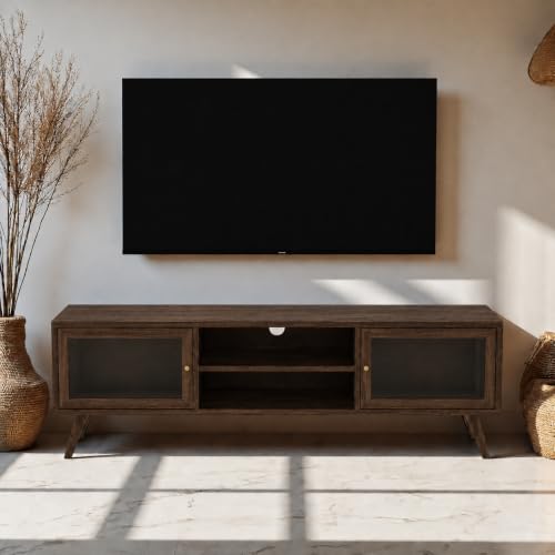Image of The Attic Janah TV Cabinet, Solid Wood Sideboard TV Cabinet for Living Room, Wooden Free Standing TV Unit Side Board Table with Storage, Walnut Finish Glass