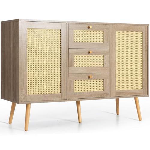 WEALTHOUSE Cómoda aparador con 2 puertas, 3 cajones, frentes de ratán, estantes ajustables, patas de madera maciza, sistema de apertura para salón, dormitorio, pasillo (roble)