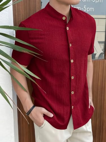 Image of Men's Solid Textured Half Sleeve Shirt with Stylish Buttons | Band Collar Casual Shirt for Summer Wear