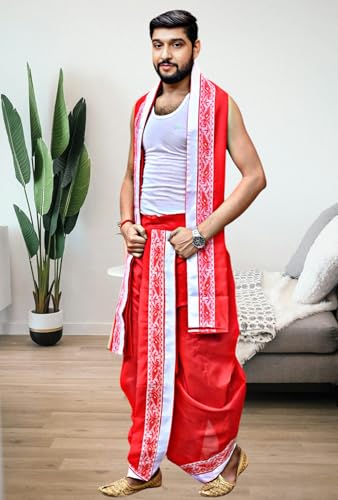 Image of Men's Ethnic | Traditional Ready to wear (Pant System) Readymade Panchakacham Dhoti With Angavastram(Towel) Set, Tassar Silk, Free Size (GC002)