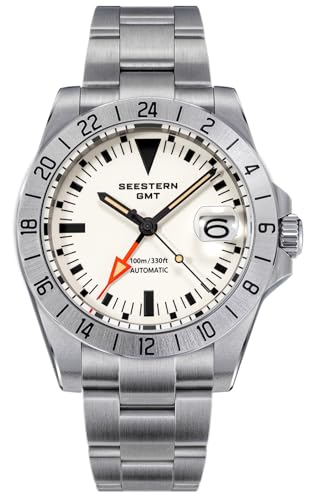 Bracciale in acciaio inox SEESTERN GMT Vintage Explorer, Bianco, Quadrante Lume, NH34, Zaffiro, 100m Diver, Diving, BNIB
