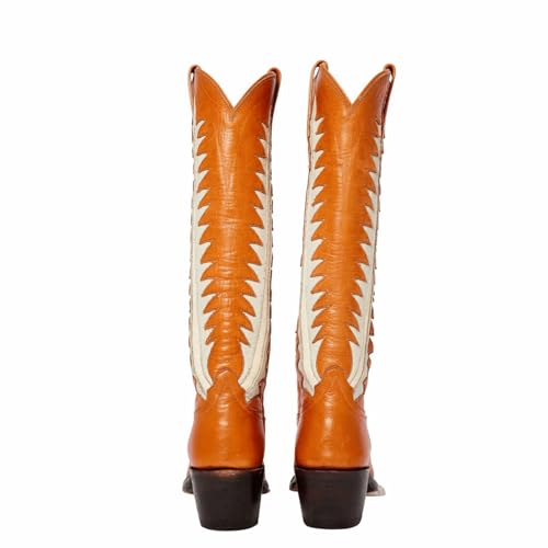 Embroidered Cowboy Boots for Women Almond Round Toe Chunky Heel Cowgirl Boots Pull On Knee High Boots with Foliage Inlay Boots3