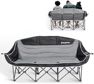 KingCamp 3-Sitzer-Campingstuhl Gepolstert Faltbar bis 450 kg, Schwarz/Grau | Klappstuhl Camping für 3 Personen mit Getränkehalter Weinglashalter & Netztaschen, Hochlehner, Campings
