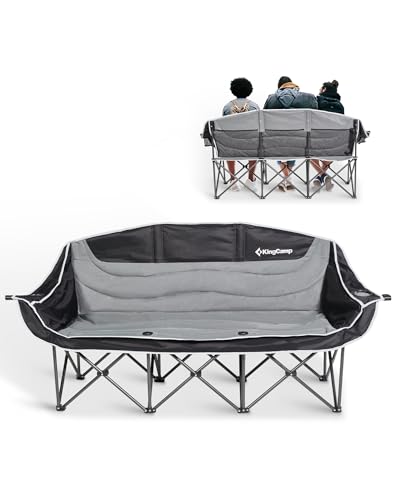 KingCamp Dreisitzer Campingstuhl Faltbar bis 450 kg, Klappstuhl Camping für 3 Personen mit Armlehne, Camping Sofa Couch 3 Sitzer Bequem, Übergröße Gartenstuhl Gepolstert Hochlehner, Schwarz/Grau