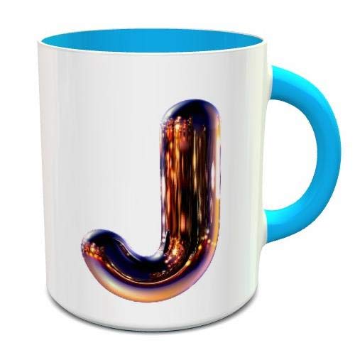 Impress White & Blue Ceramic Coffee Mug With Night Chrome Letter J