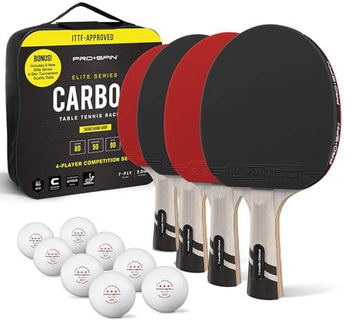 PRO SPIN Ping Pong Paddles - Professional Level Table Tennis Rackets with Carbon Fiber for Superior Control | 7-Ply Blade, Premium Rubber, 2.0mm Sponge (Red, 4-Player Set)