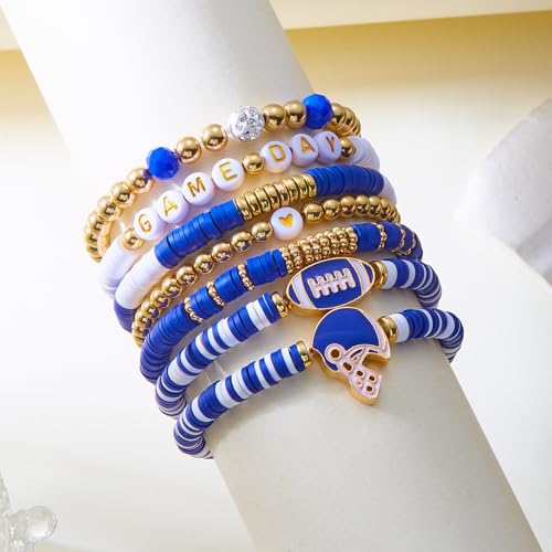 Game Day Bracelets for Women Stackable Clay Beaded Sports Stretch Bracelet Red Blue Heishi Charm Bracelet Bangles Football Fans Jewelry Football Mom Jewelry Accessories 6