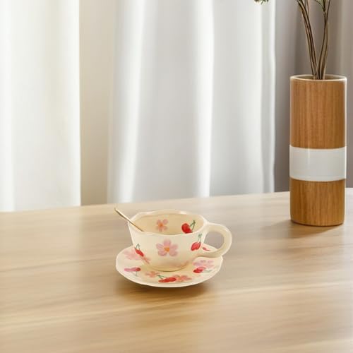 Juego de taza de café de cerámica rosa con platillo y cuchara FOMIYES para oficina 6