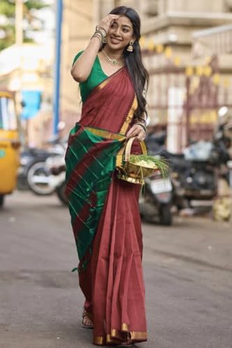 Image of Women's Cotton Woven Soft Sarees With Attach Blouse Piece.