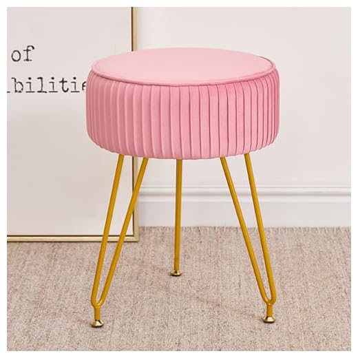 Velvet Vanity Stool, Modern Ottoman Foot Rest Stool with Adjustable Golden Legs, Makeup Chair for Vanity, Multifunctional Small Vanity Chair for Bedroom, Pink