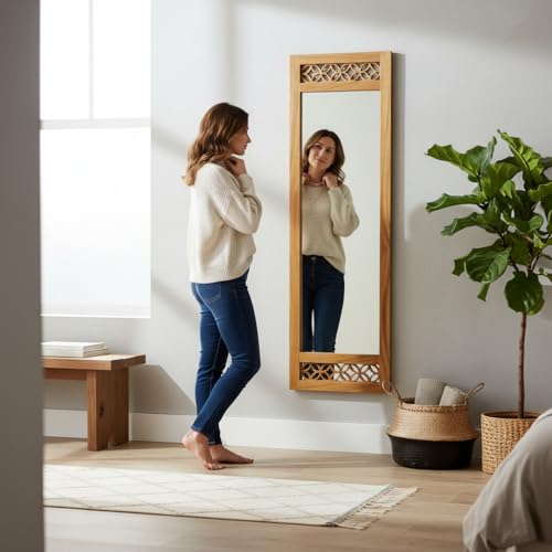Image of APRODZ Floor Mirror Full Length with Solid Sheesham Wood Frame | Rectangular Standing Mirror for Bedroom Living Room Hallway and Dressing Area | Full Length Dressing Mirror, Natural Wooden