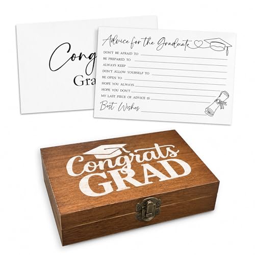 KPTQO Graduation Advice Cards with Wooden Box Set - 30 Minimalist White 5.7''x3.8 Advice & Wishes Cards for Graduate Class of 2026 - High School & College Graduation Party Favors & Activities - A01