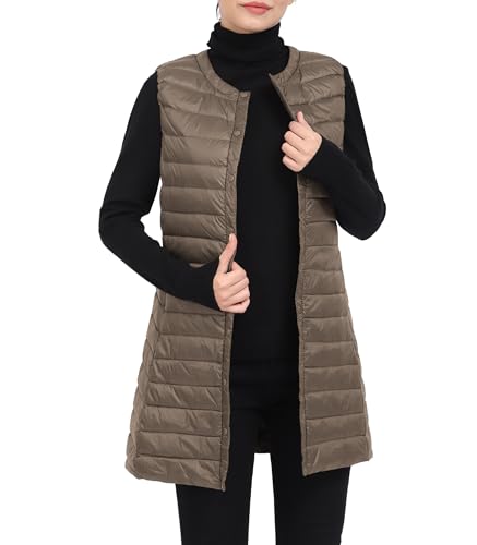 ELFJOY Long Puffer Vest Lightweight Womens Vests Outerwear Button Round Neck Sleeveless Long Down Vest No Collar