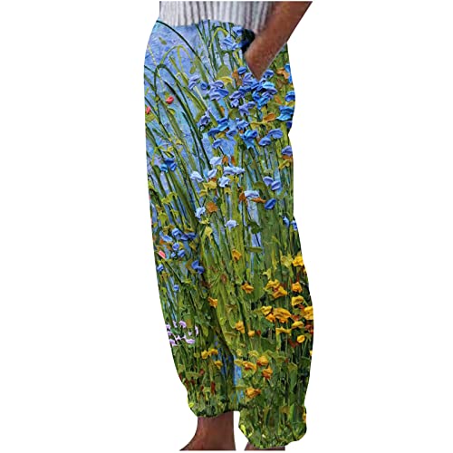 Pantalones de lino para mujer, estampado floral, pantalones anchos transpirables, pantalones de verano de cintura alta, pantalones de corbata, pantalones rectos para el tiempo libre, pantalones de