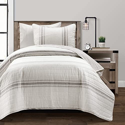 Lush Decor Farmhouse Stripe Reversible Cotton 2 Piece Comforter Set, Gray, Twin-XL