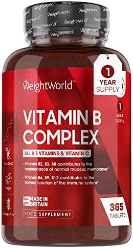 Vitamin B Complex High Strength - 365 Vegan Tablets (1 Year Supply) - Blend of 8 B Vitamins & Vitamin C - One A Day - Folic Acid, Biotin, B1, B2, B3, B5, B6, Vitamin B12 Supplement - GMO & Gluten Free
