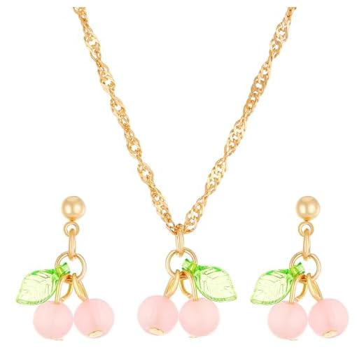 Brincos de colar de frutas vermelhas de cereja para mulheres, meninas, banhado a ouro, pingente criativo, resina 3D, frutas tropicais, doces, folhas verdes, conjunto de joias fofas para festa de