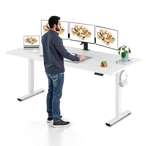 SANODESK Electric Standing Desk 79 x 32 Height Adjustable Sit Stand Desk with Large Splice Board Desktop Ergonomic Memory Presets Computer Workstations for Home Office White Frame/White Top