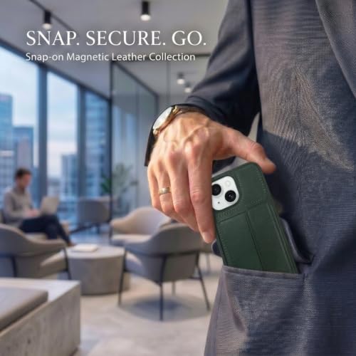 Image of amazon basics Luxury Vegan Leather Back Cover for iPhone 13 | Built-in Card Holder Slot | Integrated Mobile Stand | Slim Shockproof Protective Case with Stitched Finish - Green