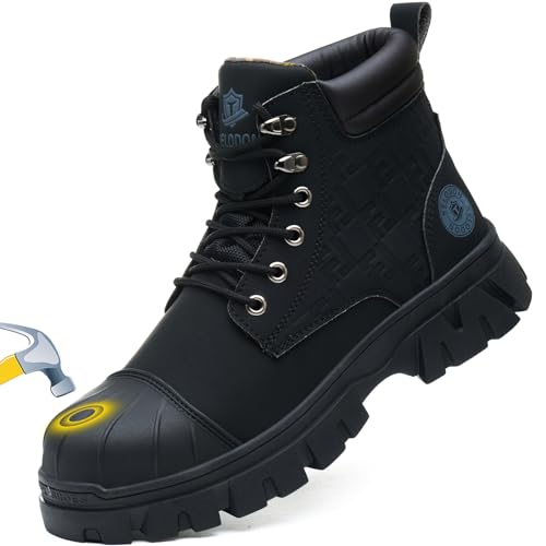 Image of KELODON Waterproof Steel Toe Boots For Men 6 Inch Leather Steel Toe Shoes Non Slip Resistant Safety Work Boots Indestructible Lightweight Construction Boot,Black,US Size 10