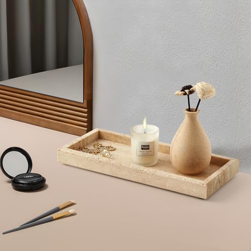 Image of Real Natural Travertine Tray for Bathroom, Vanity, Kitchen and Desktop, Rectangle Genuine Marble Stone Tray for Jewelry, Cosmetics, Candles, Lotion, Perfume and Home Decor, 12 inchx5 inch Size