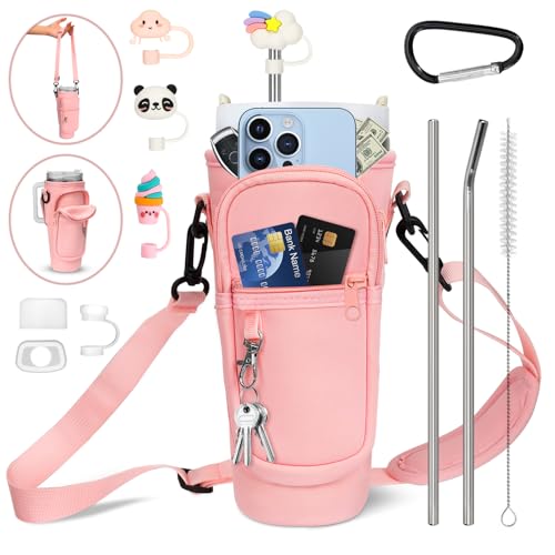 Wasserflaschenhalter Tasche für Stanley Cup 40oz, Tragetasche für Stanley Becher mit Strohzubehör Auslaufsicheres Zubehör und Karabinerhaken, Wasserflasche Träger für Wandern Laufen Radfahren(Rosa)