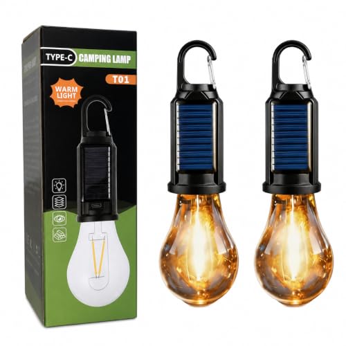Image of Solar Powered Rechargeable Camping Light Bulb with Hanging Hook, Portable LED Tent Lantern with USB Type-C Charging for Camping, Hiking, Trekking, Emergency, Outdoor & Home Use, Pack of 2