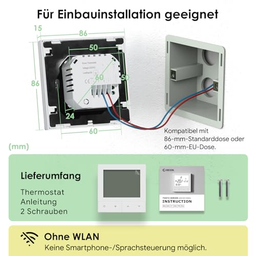 Beok Thermostat Fussbodenheizung Wasser, Thermostate Heizung Digital Raumthermostat Fußbodenheizung 230v Wandthermostat Heizungsthermostat Temperaturregler TDS72-WP Weiß Non-WiFi