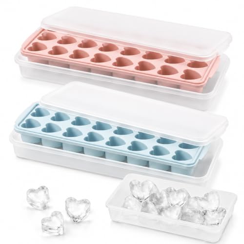 2 Pack Heart Shpaed Ice Cube Trays with Lids and Bins Ice Molds with Ice Storage Box, 48 Holes Silicone Heart Ice Cube Tray for Whiskey Cocktail Fun Shapes Cubes, with Lids & Bins
