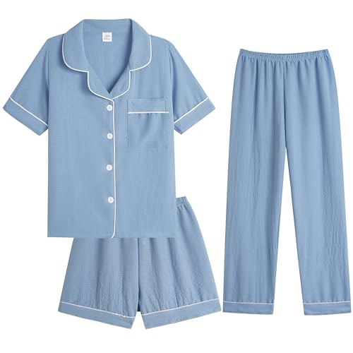 Image of Hupohoi Big Girls Button Down Pajama Set 3pcs Short Sleeve Long Pants with Shorts Crepe Wrinkled Fabric Sleepwear Nighty