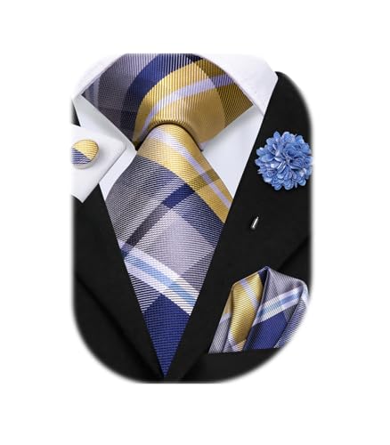 Image of Hi-Tie Mens Paisley Floral Striped Ties Set Silk Necktie and Lapel Pin for Men Pocket Square Cufflinks Set Business Wedding