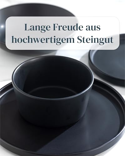 PURE LIVING INTERIOR DESIGN Steingut Schwarzes Geschirrset 6 Personen Manhattan 18-tlg. - Geschirr schwarz matt Spülmaschinen- und Mikrowellenfest - - Teller Set - Schwarze Urban Style