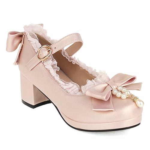Women's Lolita Bowknot Mary Jane Pumps Shoes Round Toe Comfortable Low Heels Kawaii Girls Dress Shoe