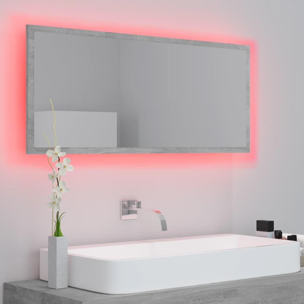 Espejo de baño LED gris hormigón, 100 x 8,5 x 37 cm, acrílico espejo de pared con iluminación RGB, diseño moderno para baño, montaje versátil
