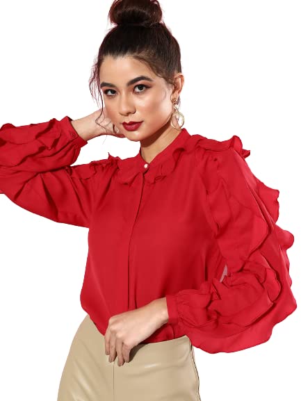 style quotient Women Red Polyester Smart Casual Ruffled Top-picture-11