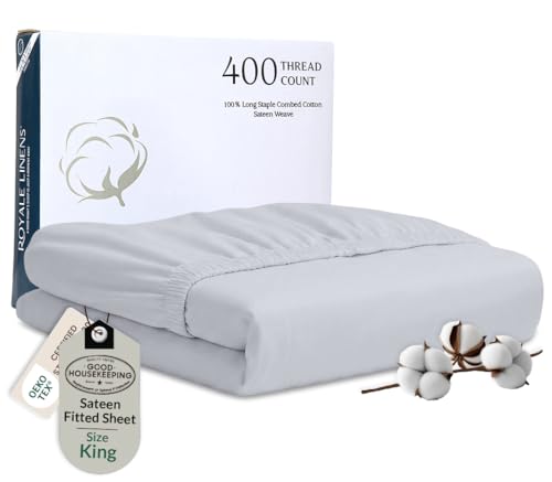 Image of Royale Linen 400 Thread Count 100% Cotton King Size Fitted Sheets Only - Luxury Sateen Weave - All Around Elastic King Deep Pocket Fitted Sheet - Durable Bottom Sheets - Fit Up To 16 inch (Spanish Silver)