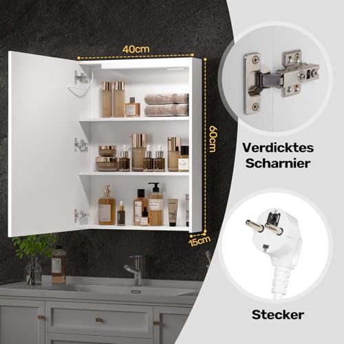 Luxstein Armario con Espejo para Baño con Iluminación LED,3 Colores De Luz,6000 K,Antivaho,Montaje En Pared, con Enchufe,Ahorra Espacio,Armario De Baño Moderno,40 x 60 cm,Blanco - imagen 2