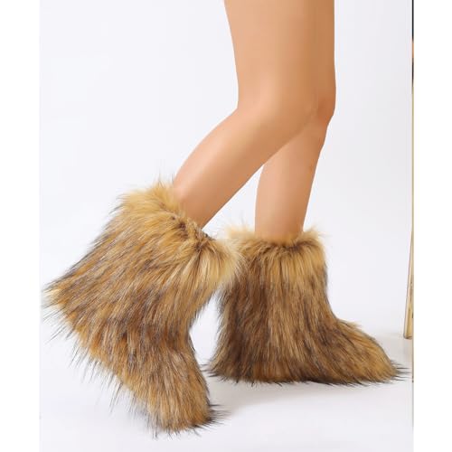 yamerbo Women's Faux Fur Boots Furry Fuzzy Fluffy Y2k Winter Snow Shoes Puffy Warm Short Mid-Calf Boots for Outdoor-Brown3