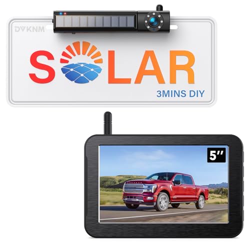DVKNM Solar Wireless Backup Camera, 1080P 5' IPS Monitor & Auto On Off Back Up Camera, 2 Mins Easy Setup Battery Powered Night Vision Waterproof, Reverse Camera for Car SUV Truck Van Trailer