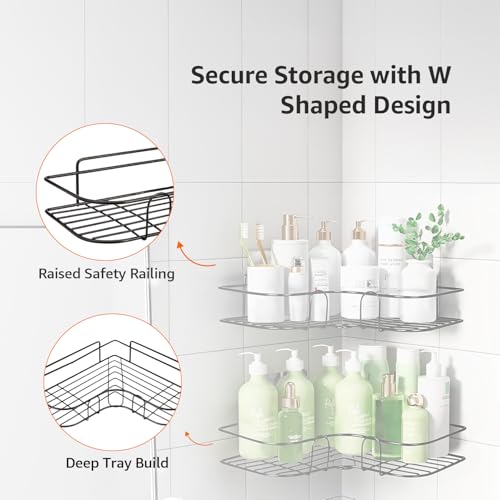 Image of Amazon Basics Self-Adhesive Corner Shelf | No-Drill, Wall-Mounted Organizer for Bathroom, Kitchen & Living Room - Premium Rust Proof GI Metal, 27 x 27 x 6 cm, Black, Pack of 2