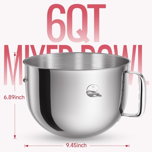 KN2B6PEH 6QT Bowl-Lift Stand Mixer Bowl, Compatible with Kitchenaid Professional 600 Mixer, Polished Stainless Steel Bowl with Silicone Bread Sling - Fits Bowl-Lift KV25G KP26M1X