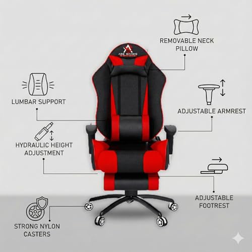 Image of ASE GAMING Gold Series Ergonomic Gaming Chair with Footrest Premium PU Leather, Adjustable Neck & Lumbar Pillow, 180 Degree Recline with Black Metal Base with 3 Years Warranty (Red)