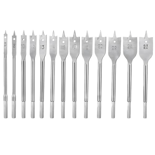 13 PCS Spade Drill Bit Set, 6-25mm Spade Bits, Carbon Steel Heavy Duty Flat Head Wood Drill Blades Set, Hexagonal Shank Design, Flat Head Blade Kit for Drilling in Wood,Plastic,Particleboard